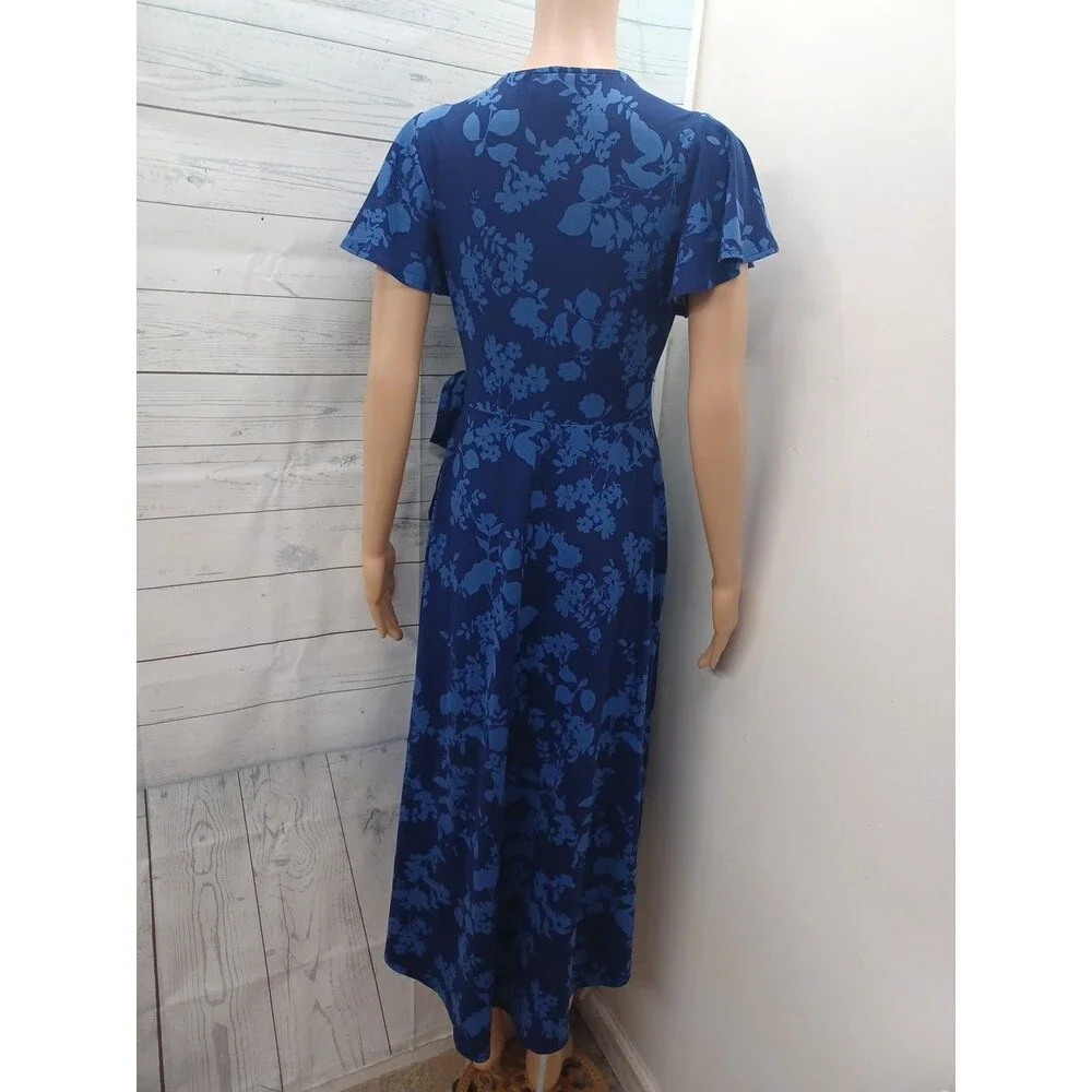 Fortune + Ivy High Low Blue Floral Dress Half Wrap Style Sz L Stretch